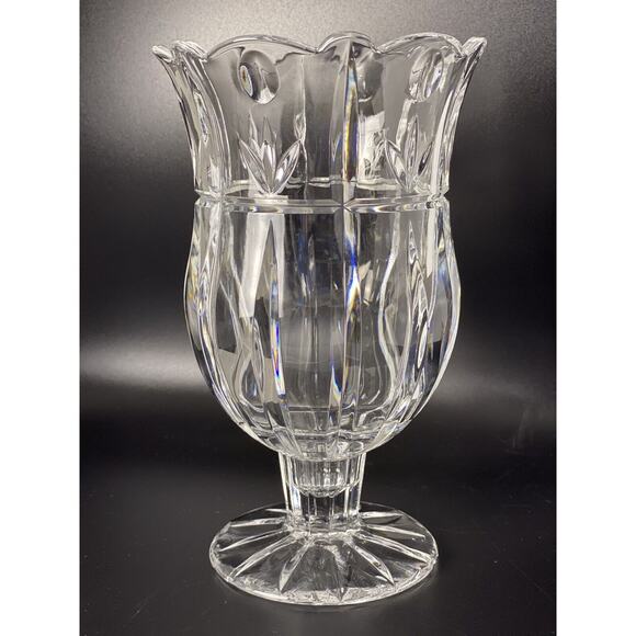 Heavy Clear Deep Cut Glass Pedestal Vase Thumbprint wheat ribbed 7 1/2"x 4 1/2" - Picture 1 of 8